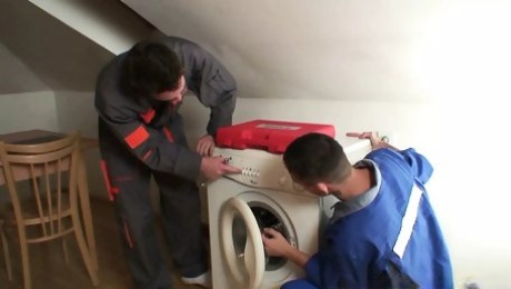 Two repairmen fuck cock-hungry old grandma