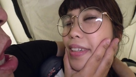 Hot asian nerd girl gets massive facial