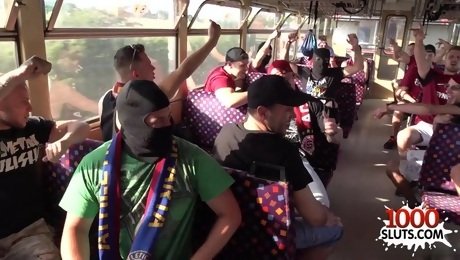 Exciting public porn: gangbang orgy on football fan bus