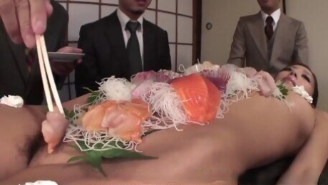 japanese diva ramu nagatsuki is used as a food plate on dinner